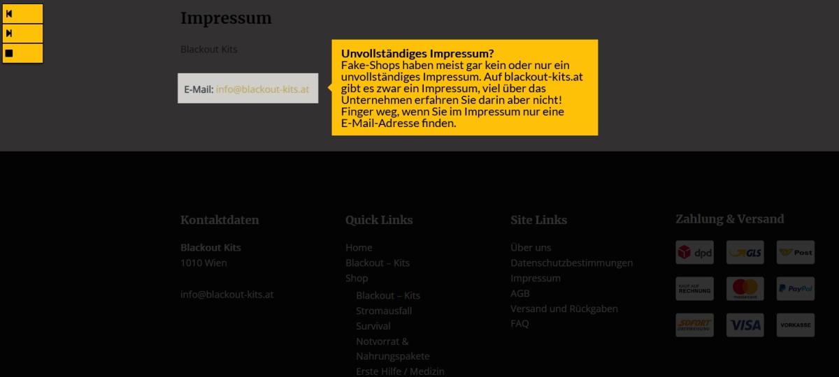 Schreenshot der Seite blackout-kits.at, Impressum ist hervorgehoben, daneben gelbes Kästchen, in dem erklärt wird, was an dem Impressum nicht stimmt