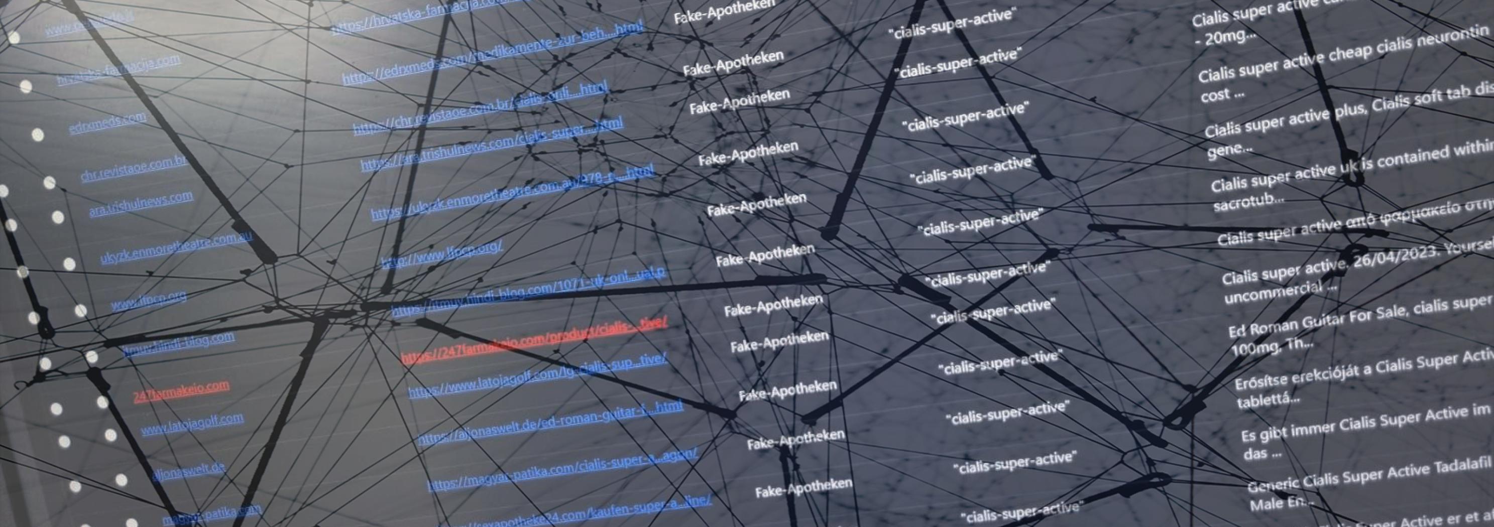 Screenshot unseres Crawlers, darüber ein transparents Bild eines Netzes