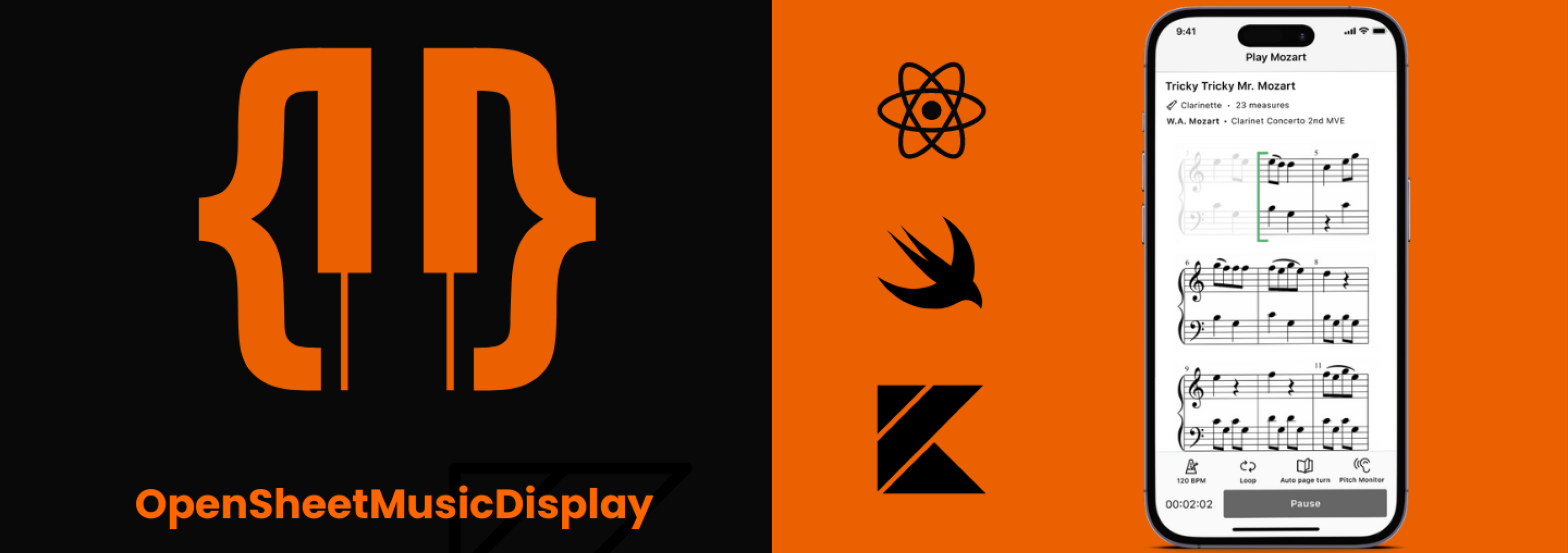 Logos von OSMD, React NAtive, Swift und Kotlin sowie Smartphone Screen mit Musiknoten