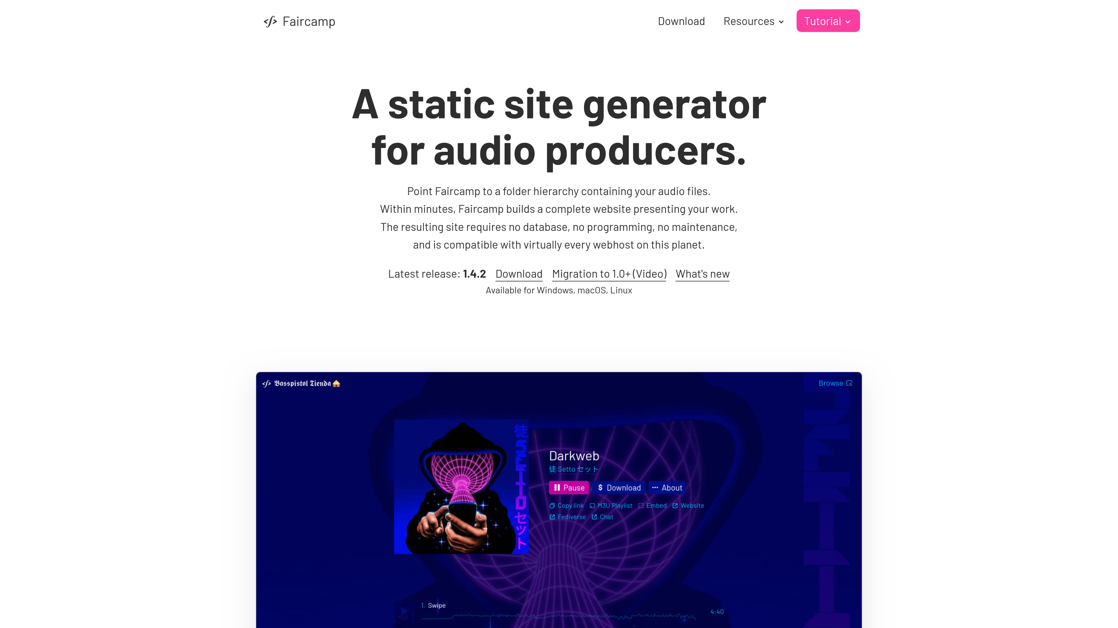 Screenshot der Faircamp Website. Prominent angezeigte Überschrift: "A static site generator for audio producers"