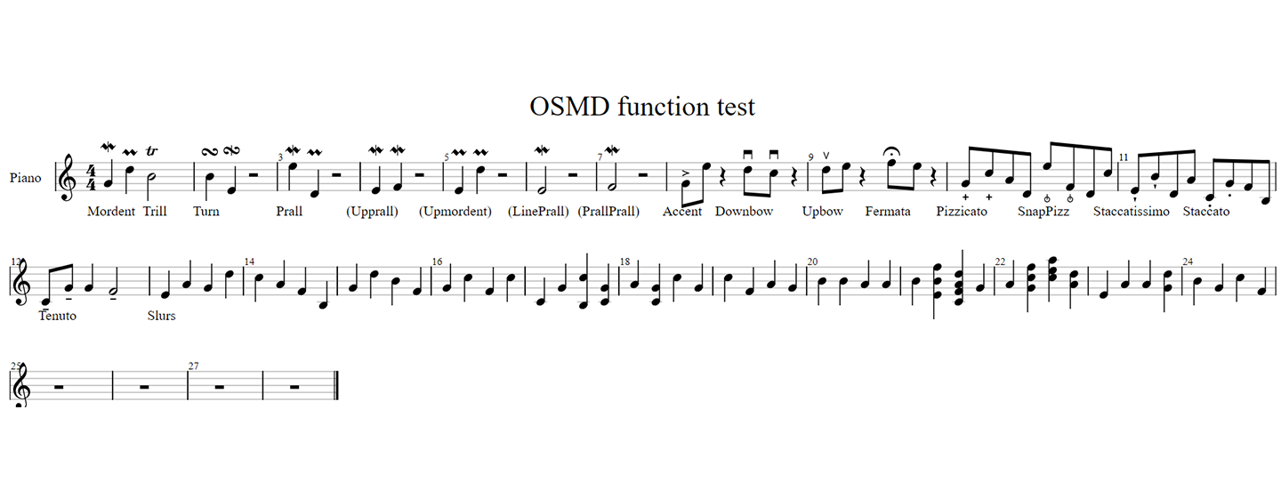 OSMD Funktionstest: Überblick über Ornamente, Artikulationen, Lyrics & Bindebögen