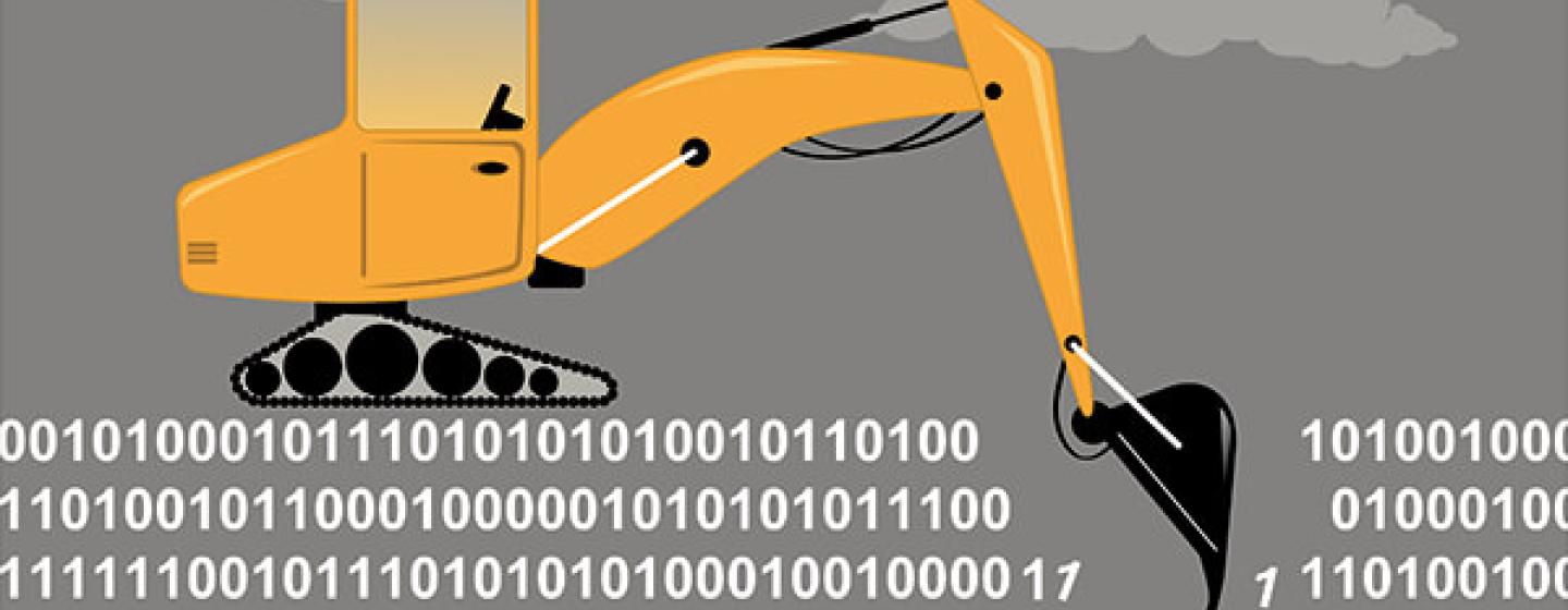 Bagger gräbt in Daten (Quelle: Shutterstock - https://www.shutterstock.com/image-vector/excavator-digging-through-binary-code-metaphor-513585007)