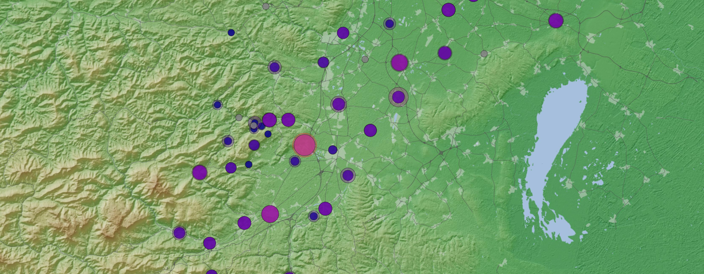 Map showing the region of the southern Viennese basin with circular markers showing the peak ground velocity of the stations of the MSS network.