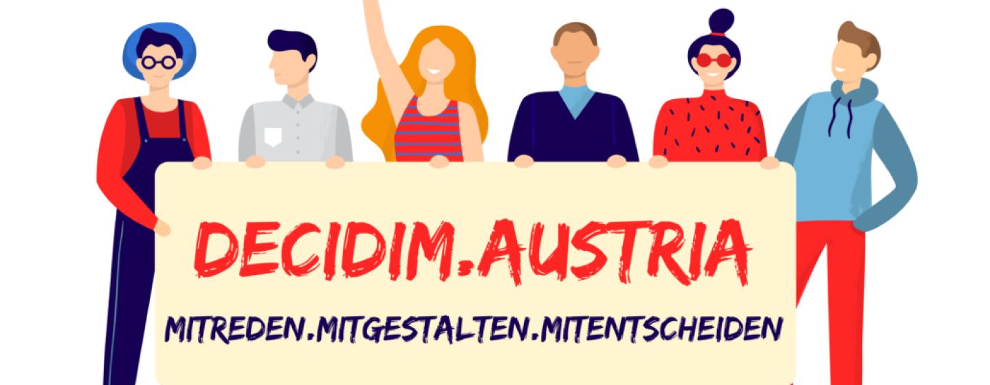 Menschen halten Decidim.Austria-Banner.