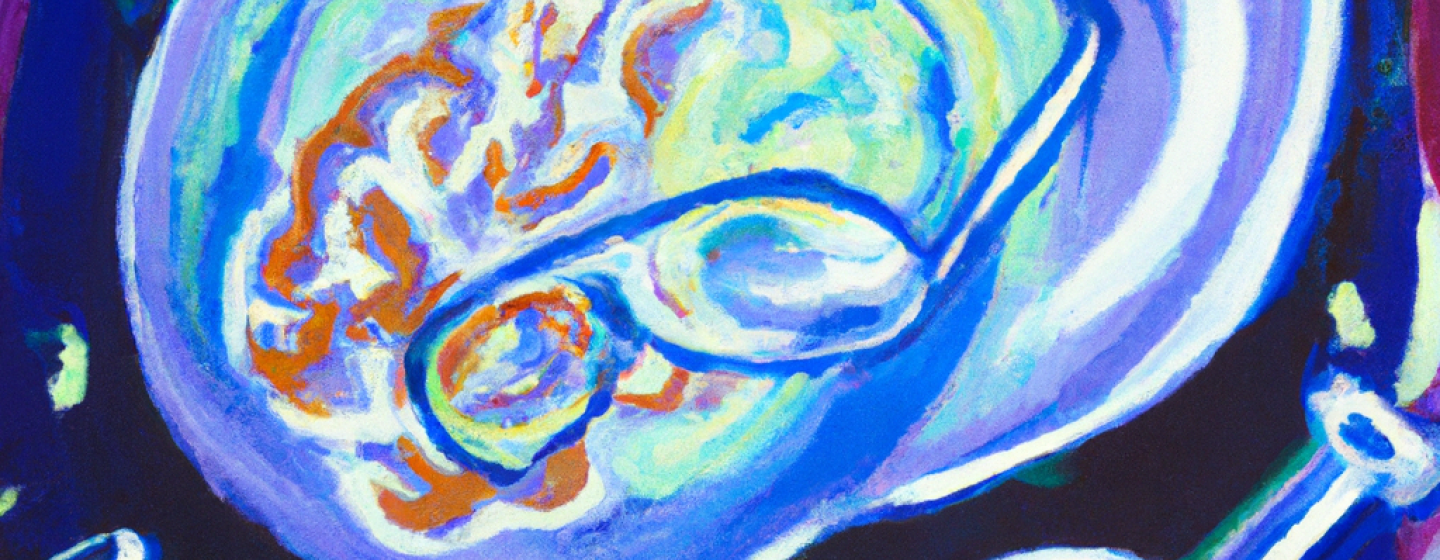 An abstract painting of a brain in space doing chemistry with vials and glasses - generated with Dall-E