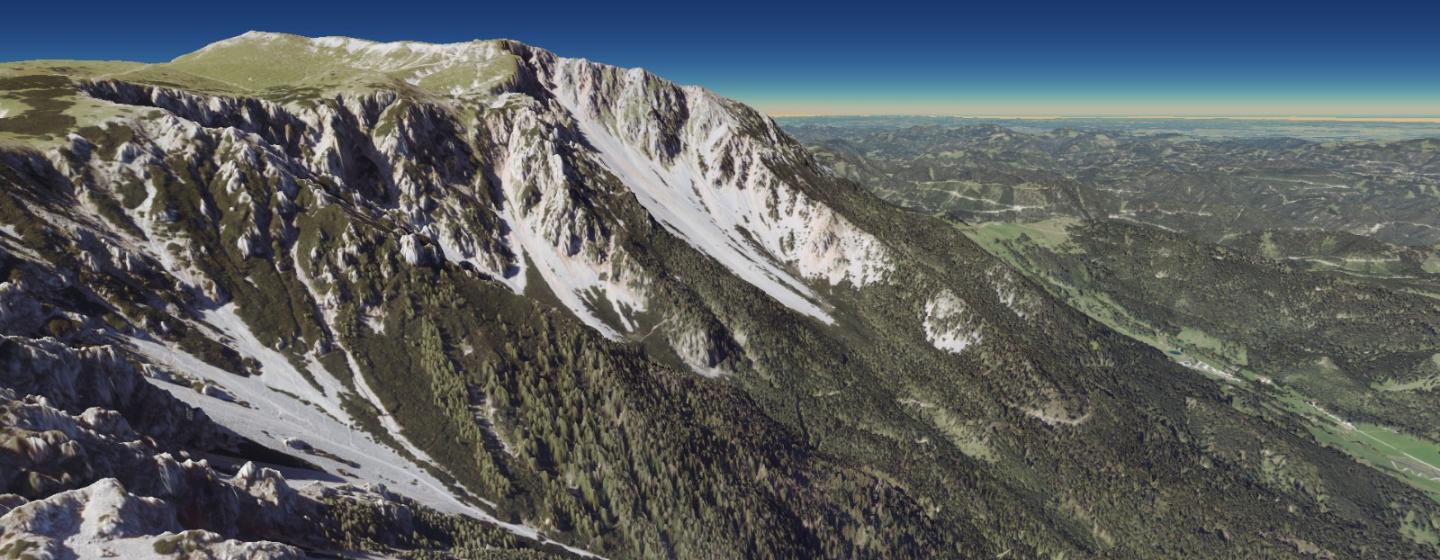 Schneeberg gerendert im Browser von AlpineMaps.org. Das Höhenmodell hat eine Auflösung von ca. 1x1m.