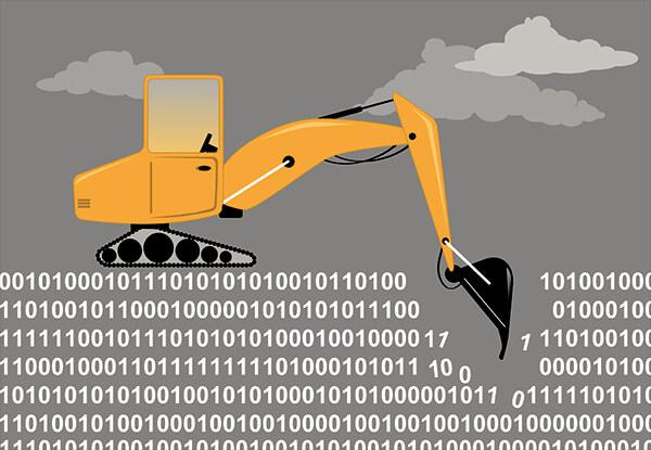 Bagger gräbt in Daten (Quelle: Shutterstock - https://www.shutterstock.com/image-vector/excavator-digging-through-binary-code-metaphor-513585007)