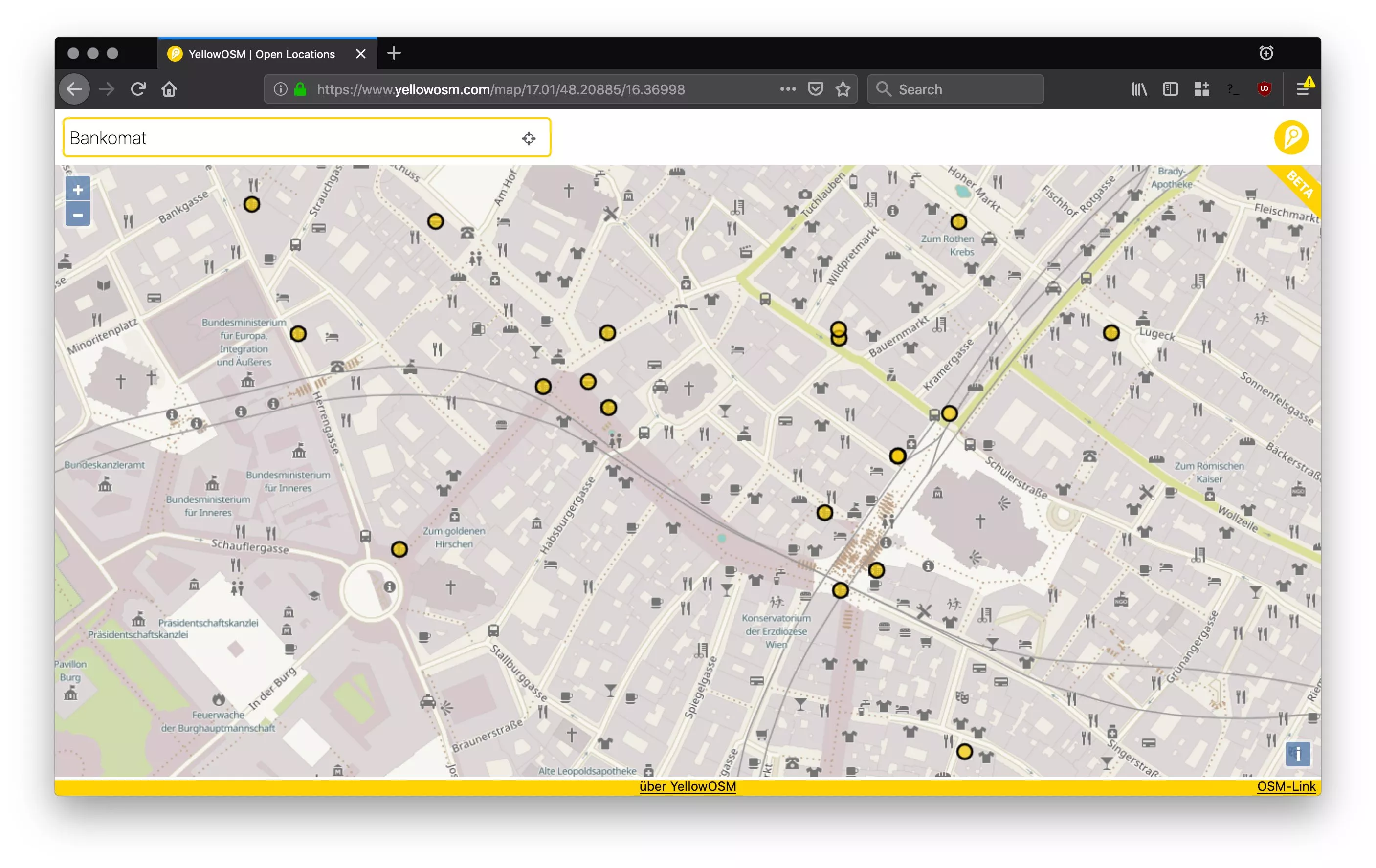 YellowOSM - Beispiel für eine Bankomatsuche
