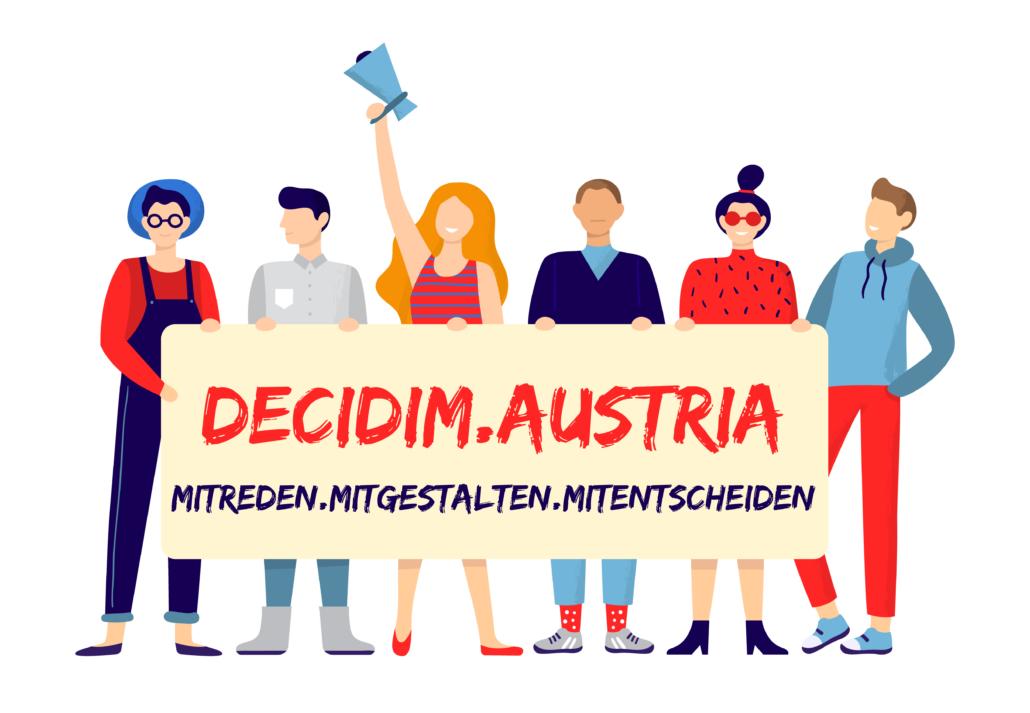 Menschen halten Decidim.Austria-Banner. 