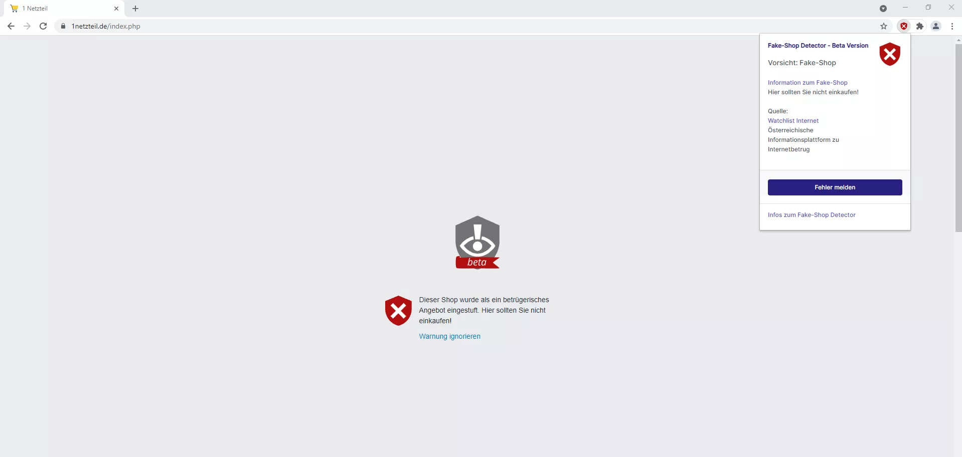 Vorsicht Fake-Shop! Fake-Shop Detector warnt vor betrügerischem Onlineshop.