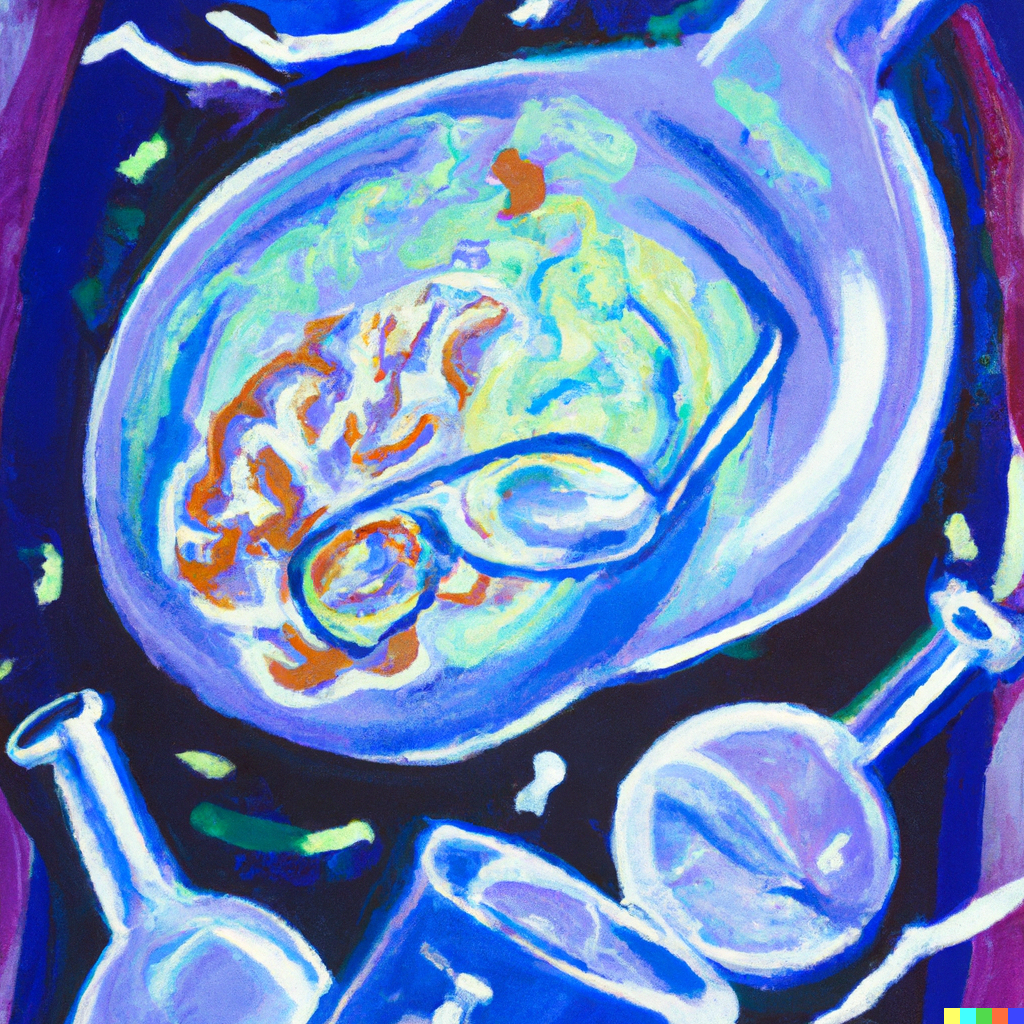 An abstract painting of a brain in space doing chemistry with vials and glasses - generated with Dall-E