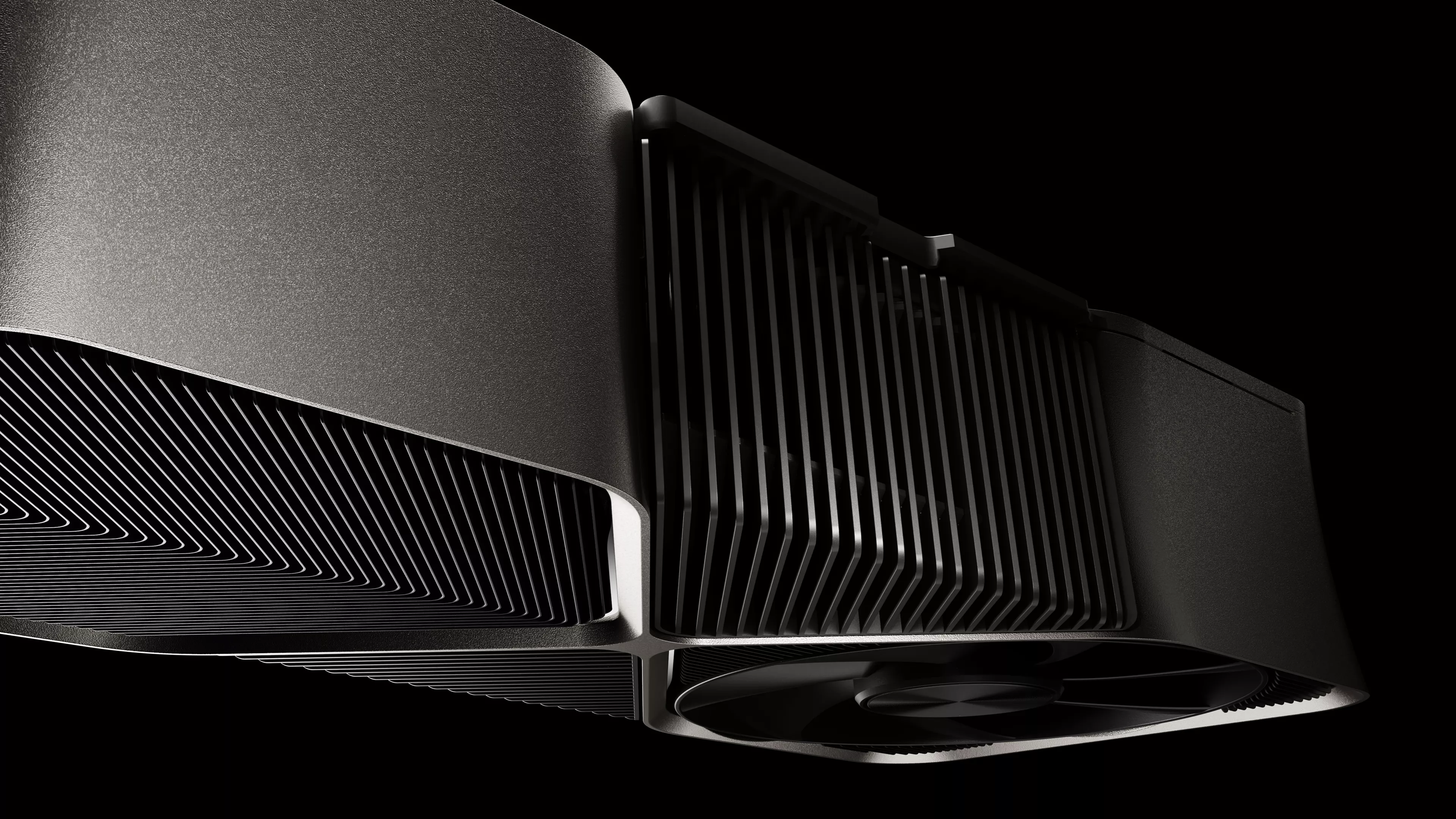 Graphics card, NVIDIA RTX 4090, close-up photo from below showing casing, passive and active cooling facilities.