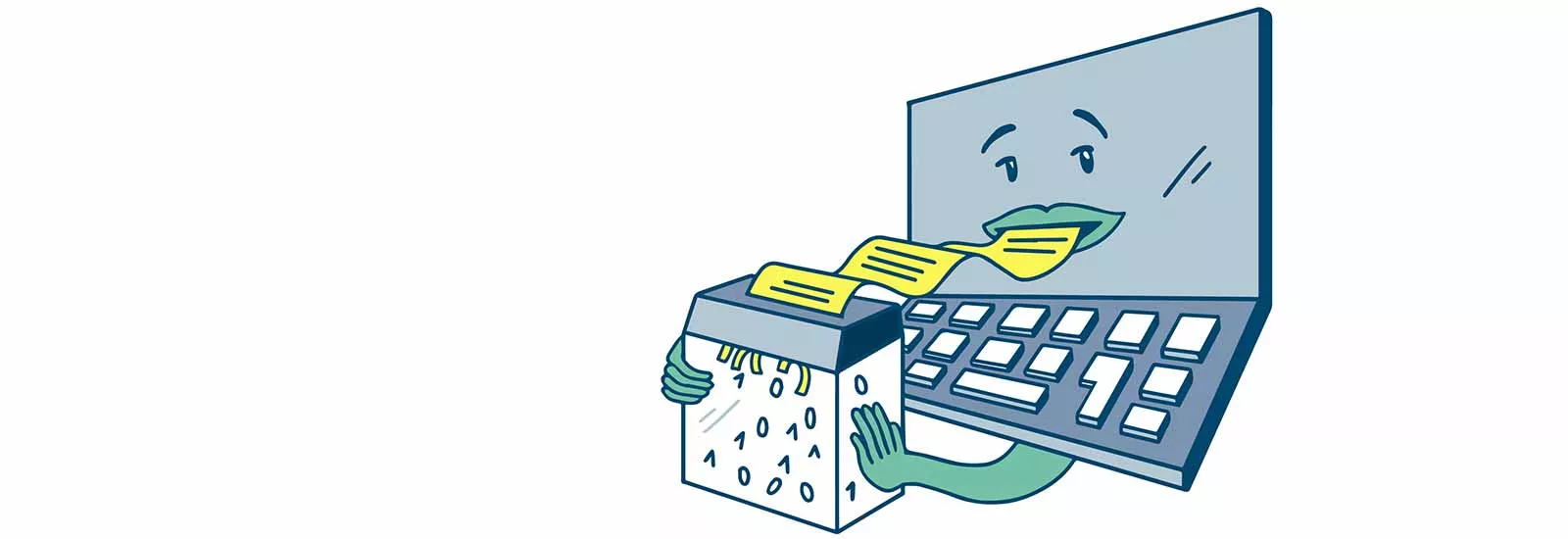 Das Bild zeigt eine Cartoon-Illustration eines Computers mit einem freundlichen Gesicht. Der Computer hat eine Tastatur und der Bildschirm hat einen Mund, der ein langes Blatt Papier isst. Das Papier enthält Textzeilen, die vom Mund des Computers in einen Papierkorb mit binären Zahlen (1 und 0) eingespeist werden. Der Papierkorb hat zwei Hände, die den Papierstreifen festhalten, während er geschreddert wird. Die Illustration symbolisiert das Löschen von Daten oder Texten durch den Computer.