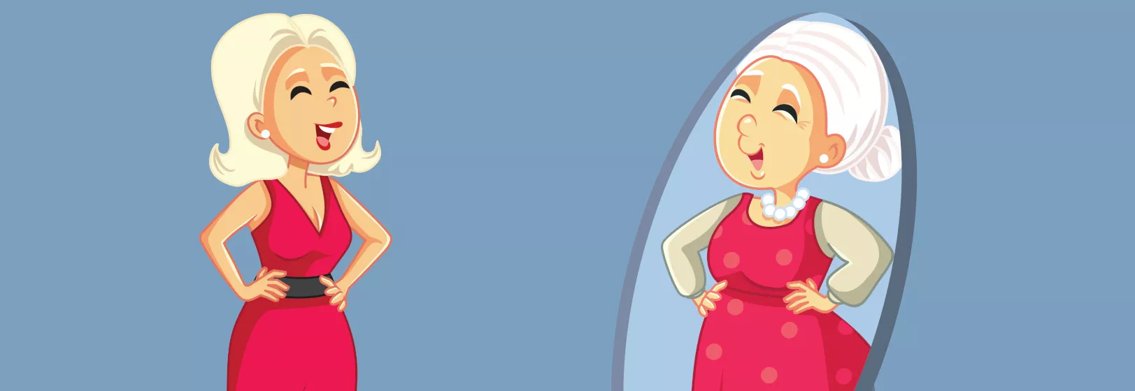 Frau vor intelligentem Spiegel, der ihr gealtertes Spiegelbild zeigt.