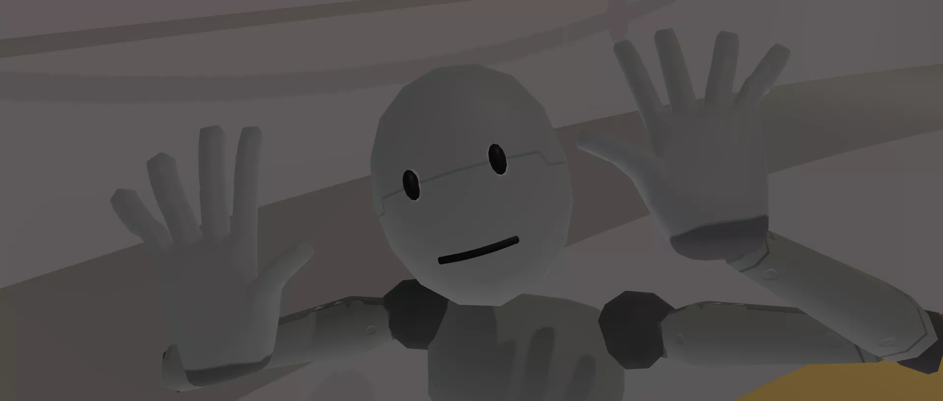 A friendly-looking humanoid robot with a simple face, featuring two black oval eyes and a small smile. The robot has its hands raised in front of it, palms facing outward, as if waving. The background is abstract and softly lit.