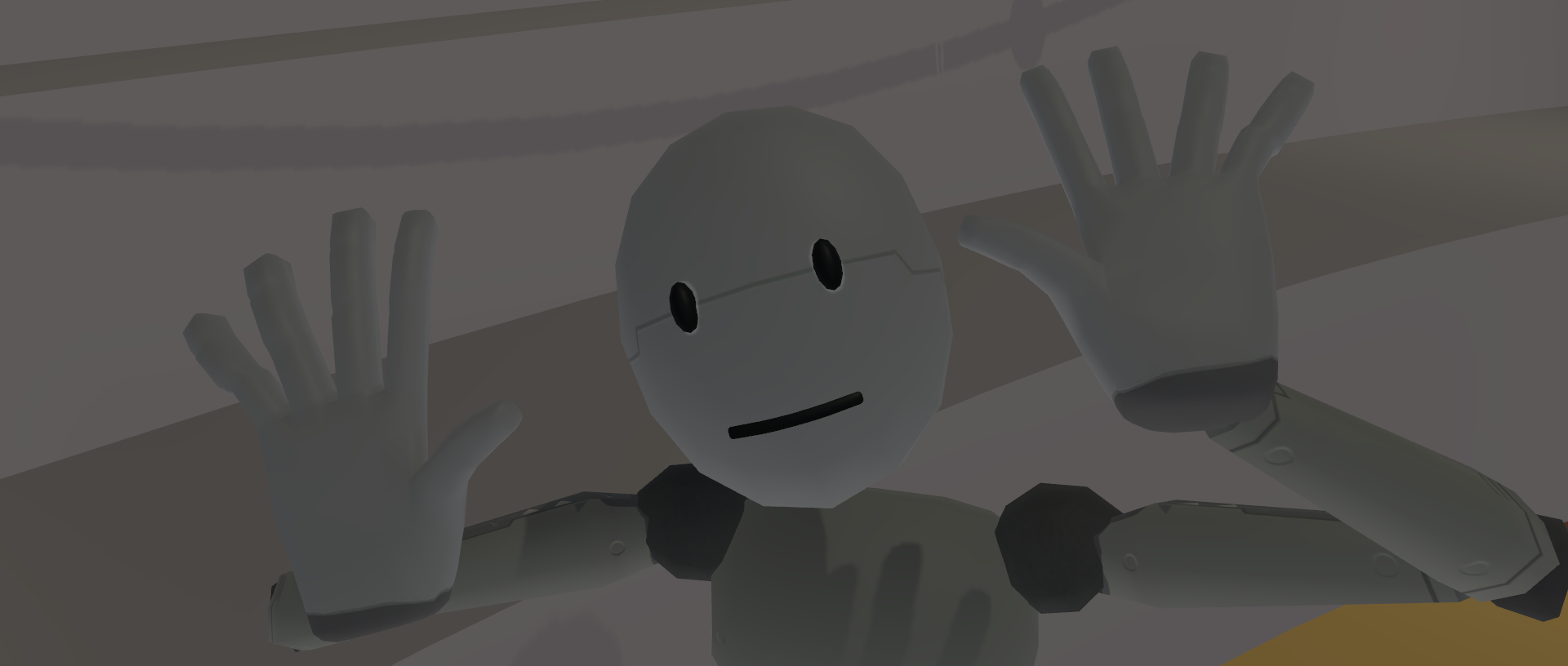 A friendly-looking humanoid robot with a simple face, featuring two black oval eyes and a small smile. The robot has its hands raised in front of it, palms facing outward, as if waving. The background is abstract and softly lit.