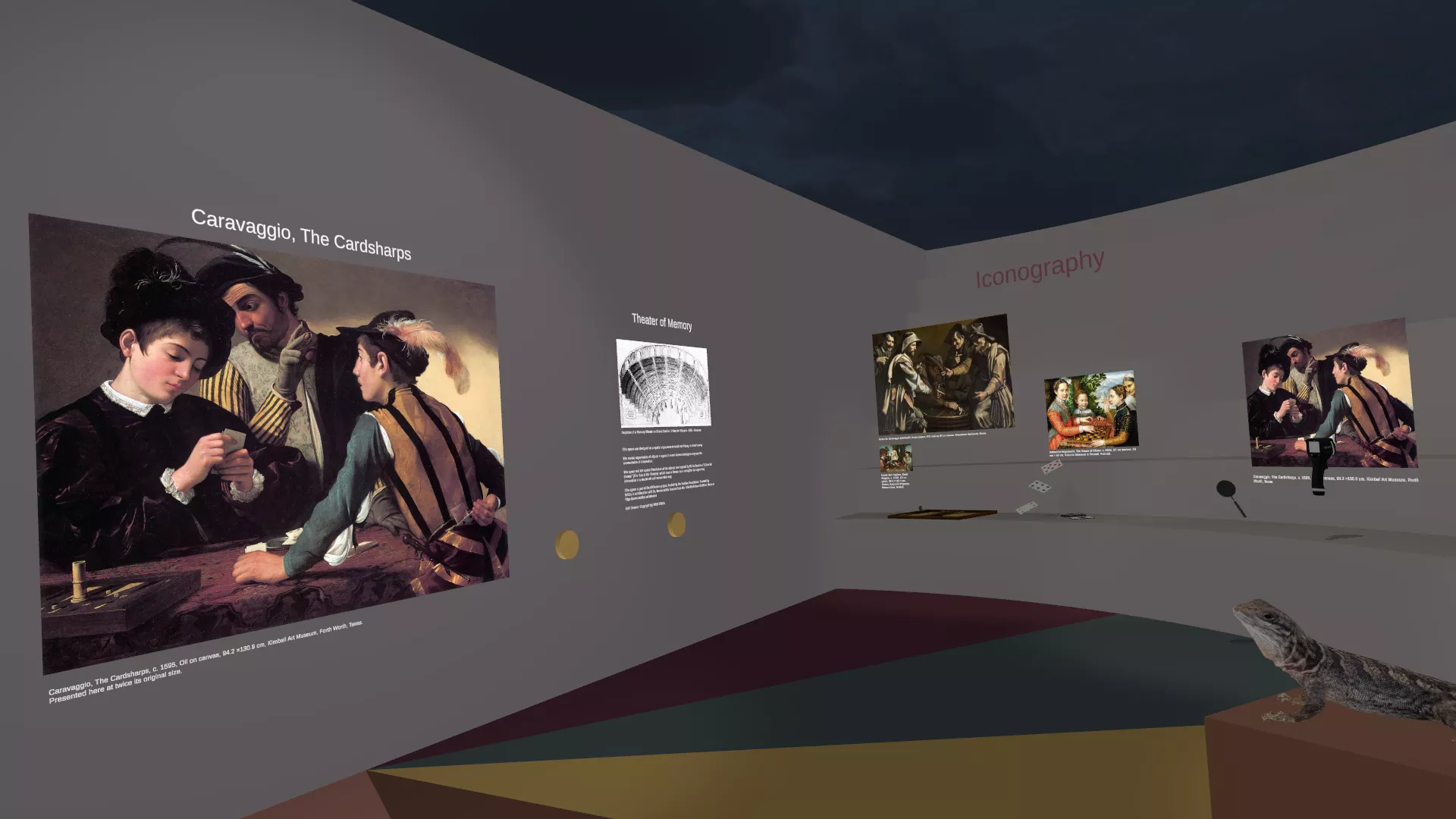 Virtuelle Galerie mit Caravaggios „Die Falschspieler“ mit begleitenden Informationstafeln und vergleichbaren Kunstwerken unter dunklem Himmel. Im rechten Vordergrund sitzt eine Eidechse auf einem Podest, die alles interessiert beobachtet.