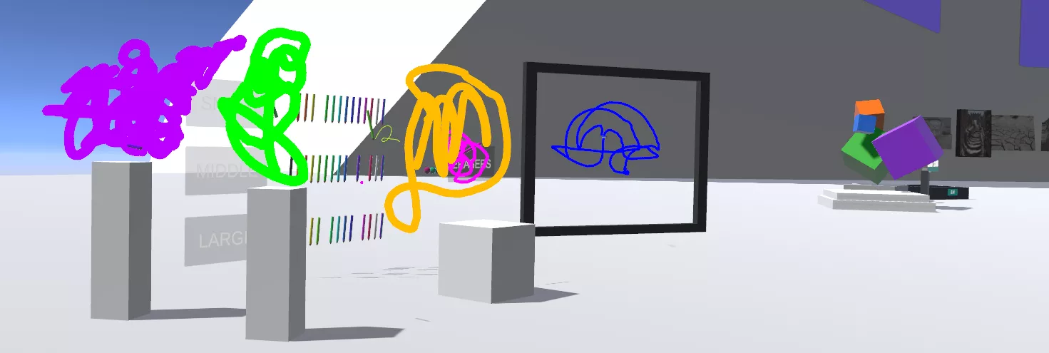 Virtual art gallery with colorful 3D scribbles on pedestals, a framed digital drawing, and geometric sculptures in a minimalistic environment.