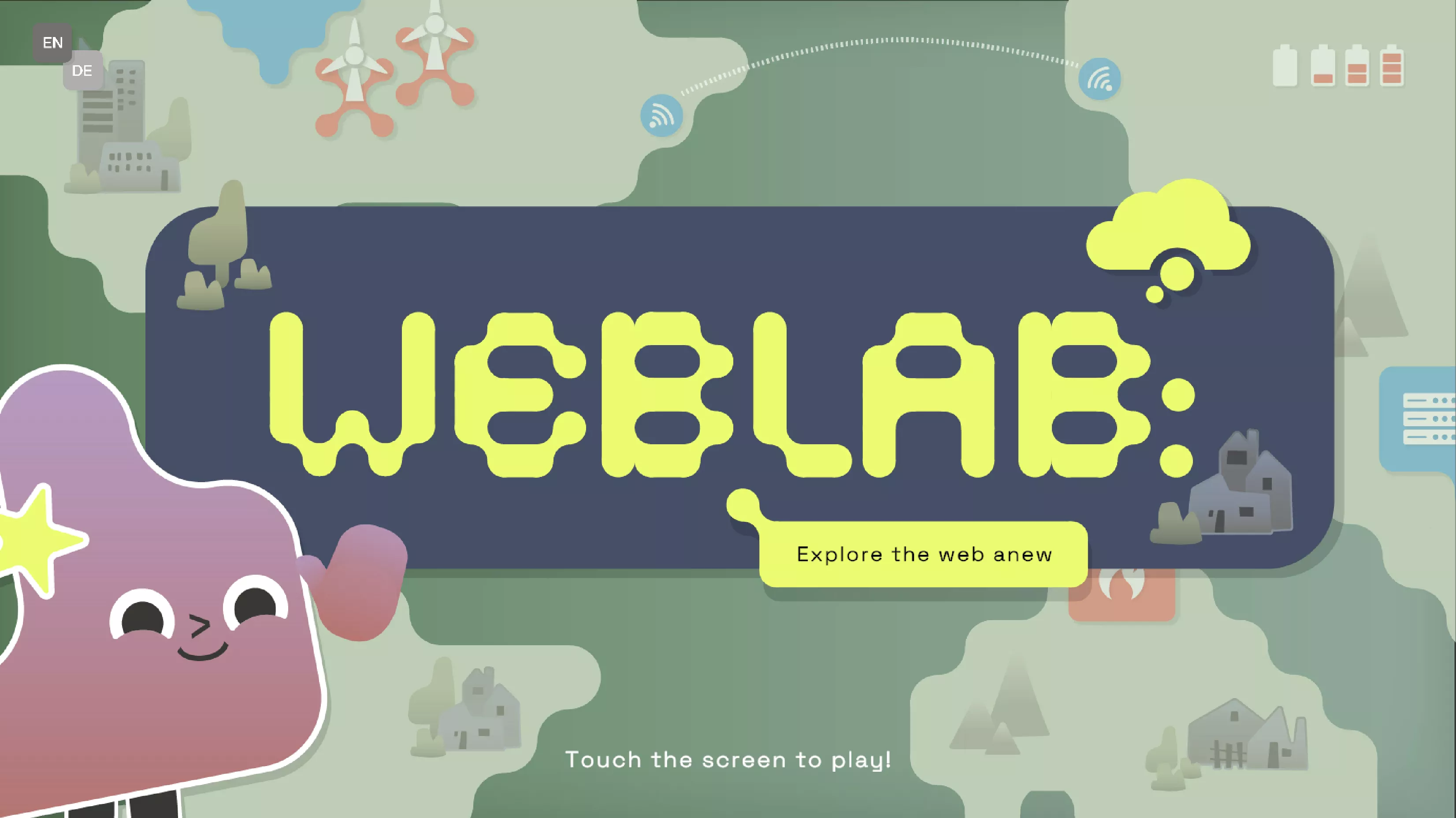 WebLab Logo und Startscreen des Spiels in der englischen Variante