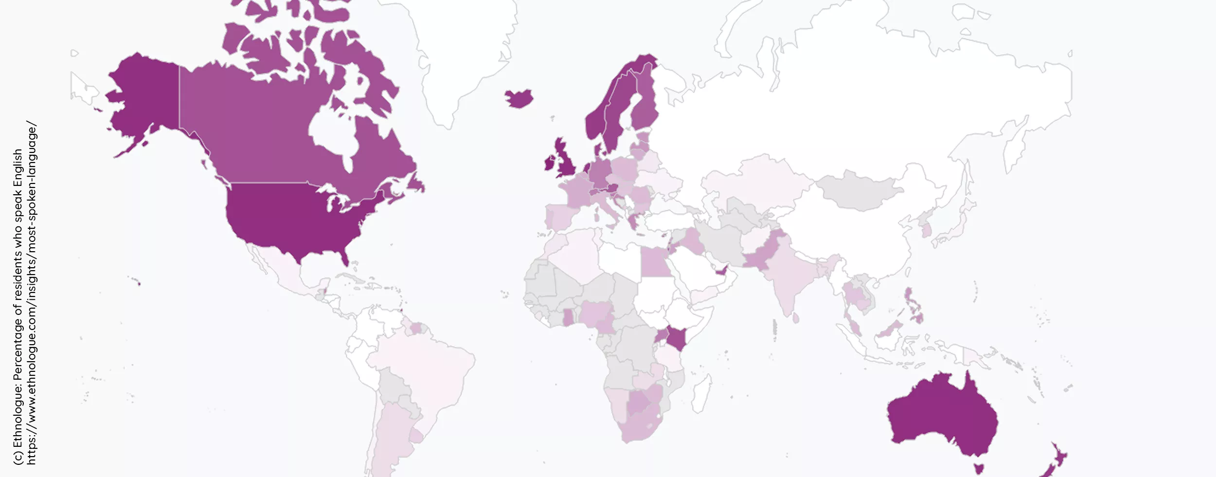 a map of the world with the percentage of residents who speak english