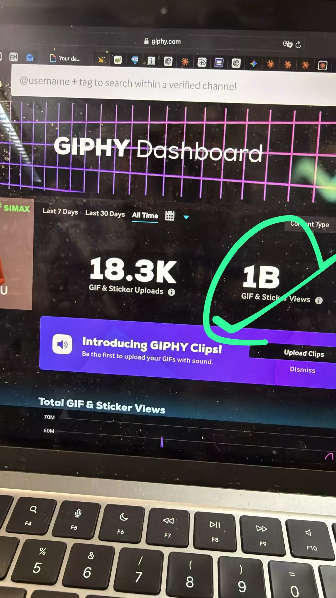 Das Dashboard der Plattform giphy.com zeigt 1B Views (B steht für Englisch Billion, also Deutsch Milliarde)
