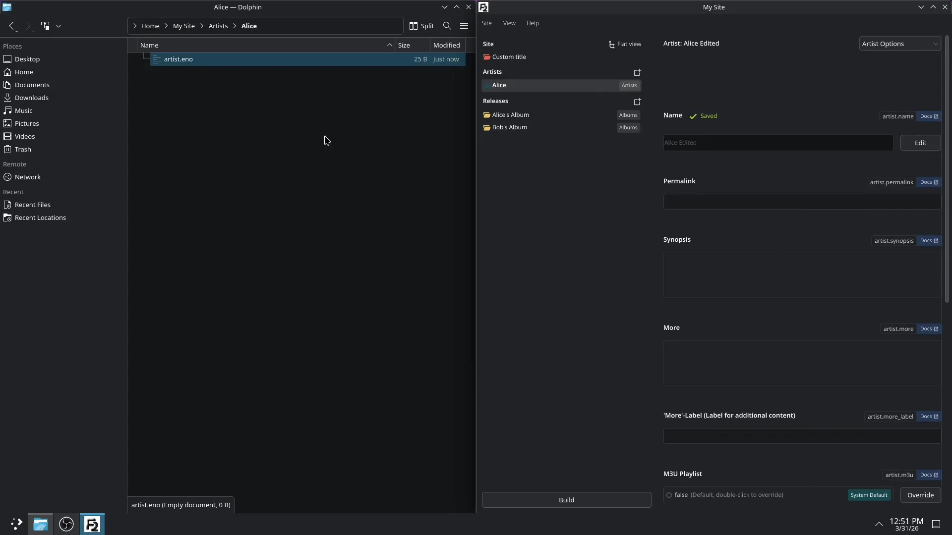 Eine Faircamp Seite aus Backend Sicht: Im Filebrowser (links) und im grafischen User Interface (rechts) – beide Seiten interagieren miteinander