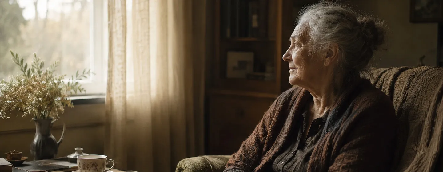 old women, sitting quietly by a large window in a softly lit living room , KI generated
