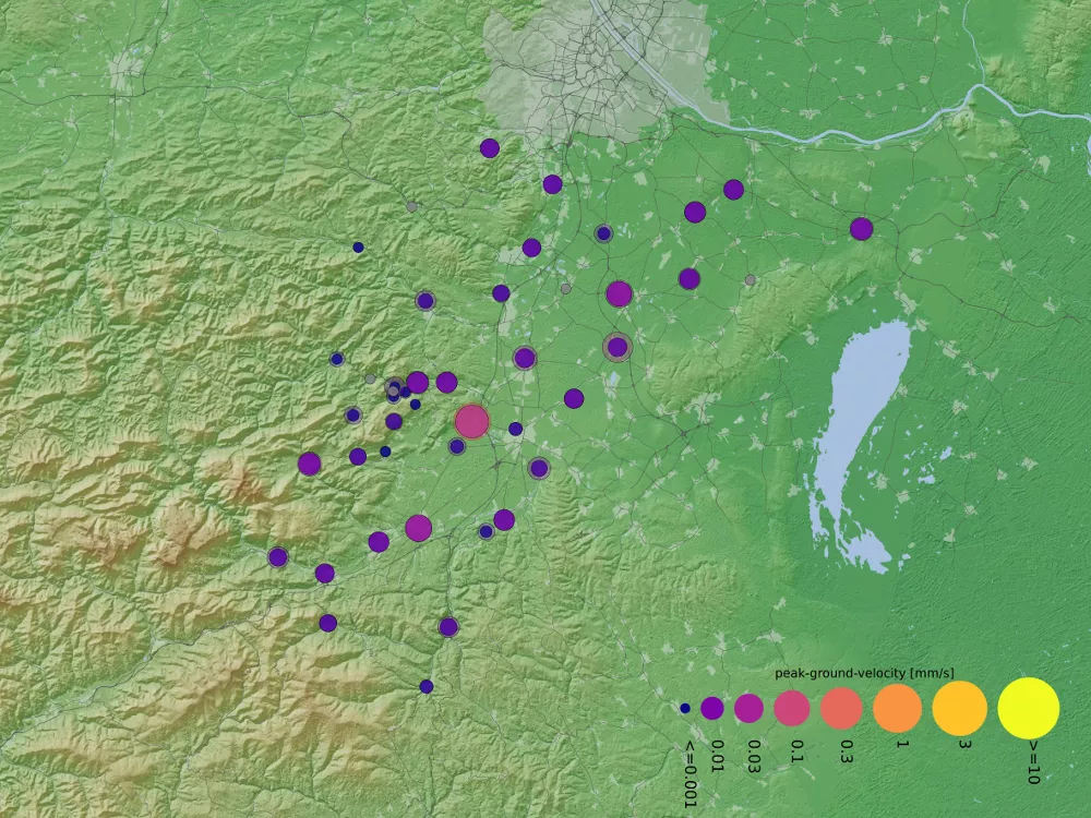 Karte des MSS Netzwerks mit Visualisierungen der maximalen Bodenbewegung.