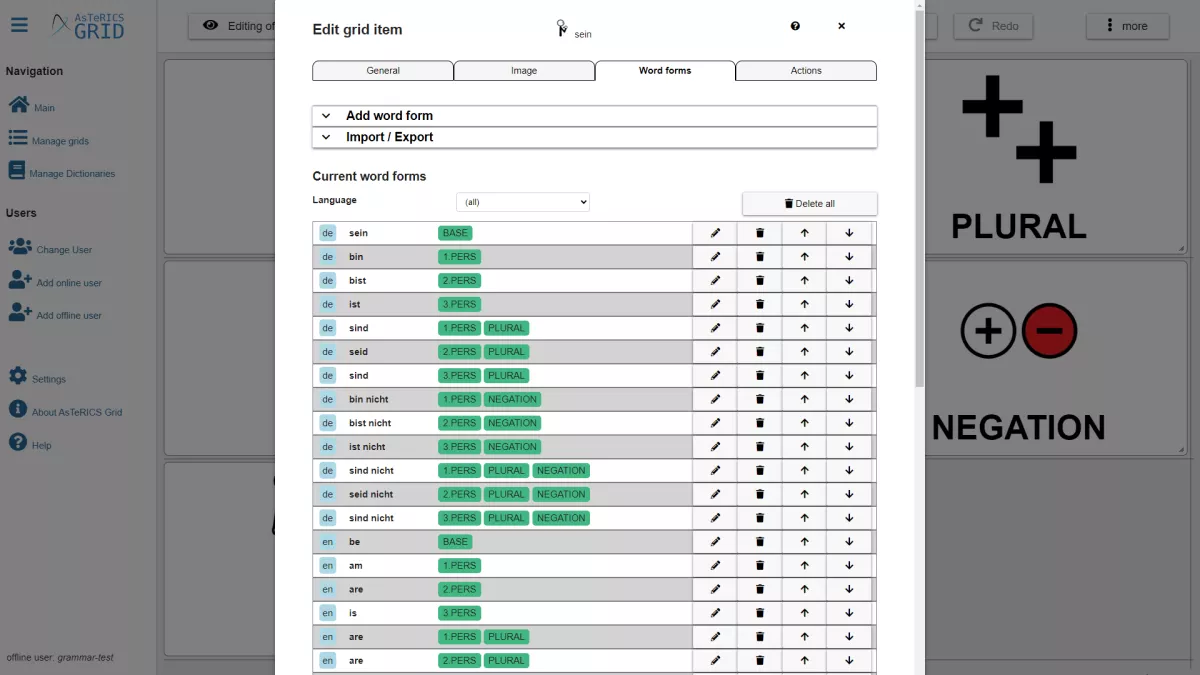 Abbildung 1: Neu entwickeltes Interface zum definieren von Wortformen in AsTeRICS Grid, Beispiel vom Wort "sein" in verschiedenen Sprachen.