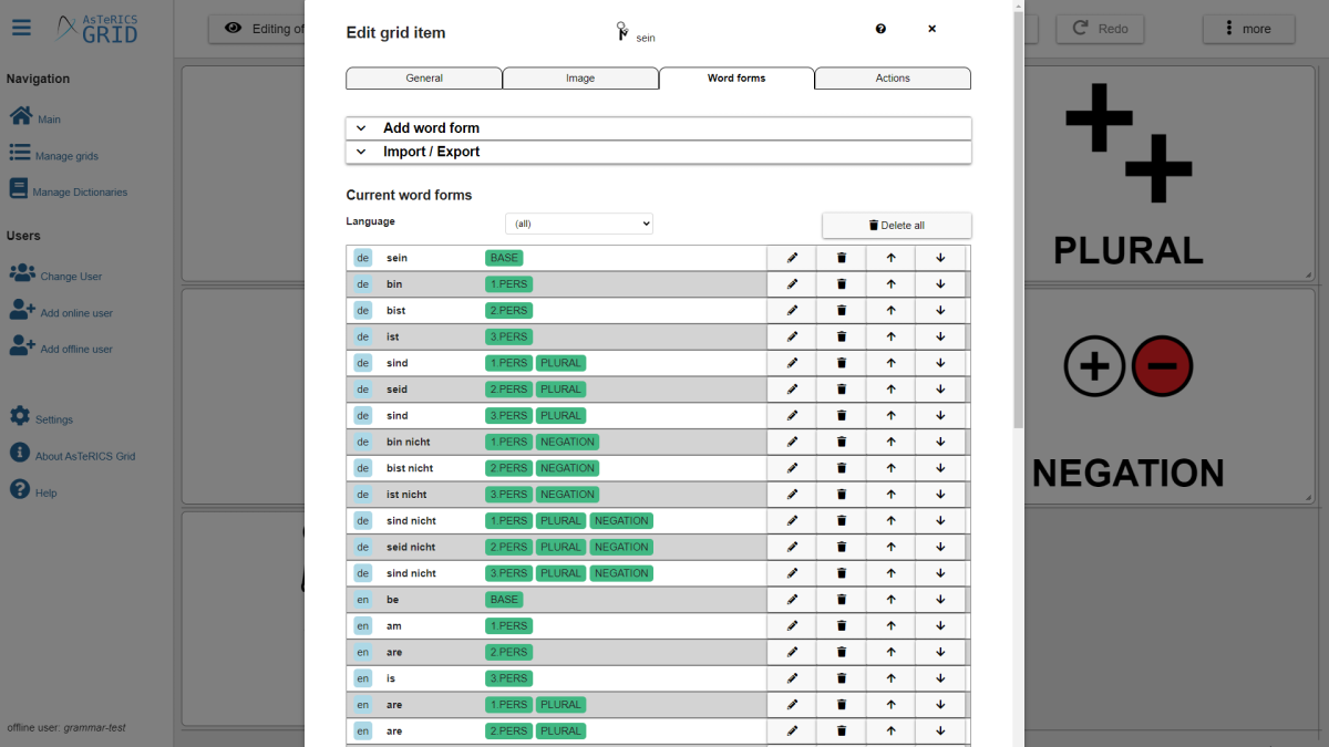 Abbildung 1: Neu entwickeltes Interface zum definieren von Wortformen in AsTeRICS Grid, Beispiel vom Wort "sein" in verschiedenen Sprachen.