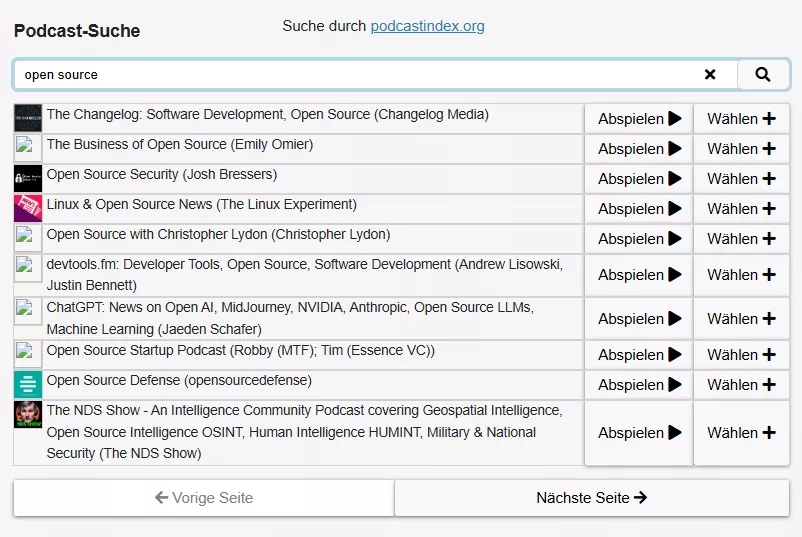 Bild 1: Suche von Podcasts zum Thema "Open Source" in AsTeRICS Grid