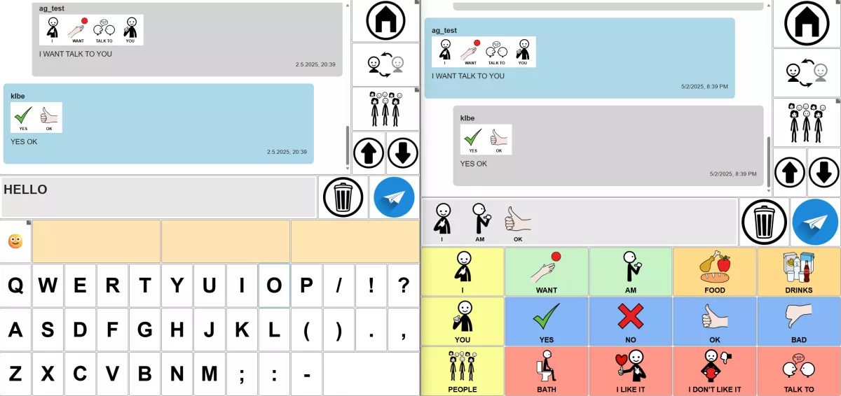 Abbildung 1: Textbasierte vs. piktogrammbasierte Messengeroberfläche in AsTeRICS Grid