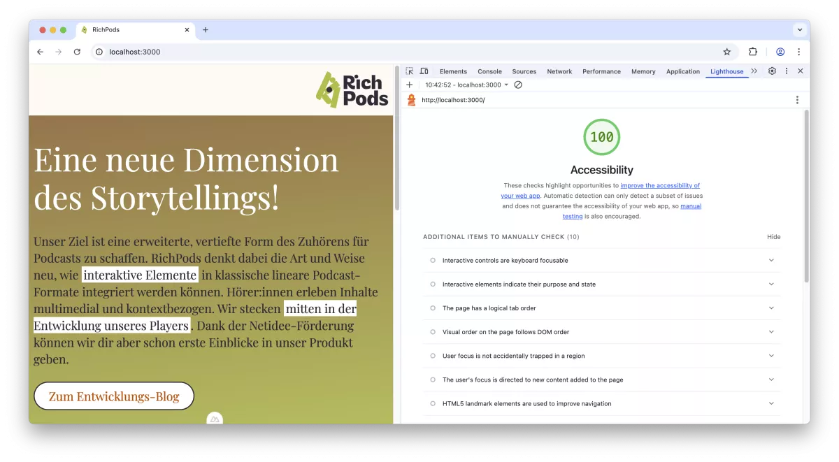 100 Prozent beim Lighthouse Test in Google Chrome.