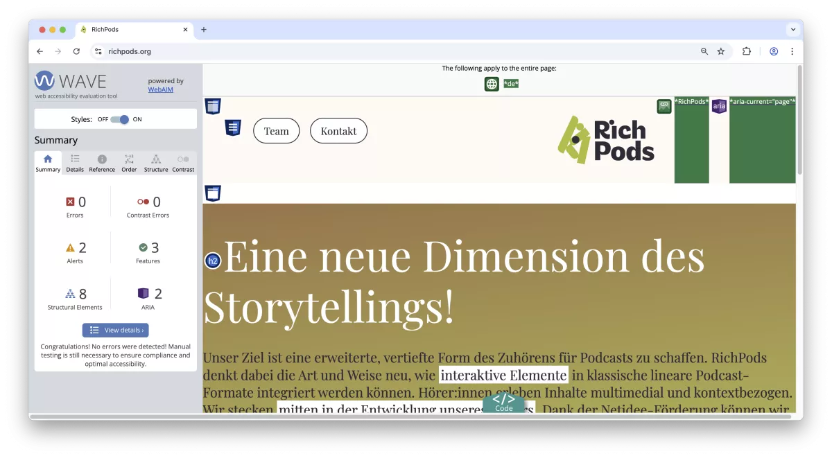 Keine Fehler im WAVE-Tool, es werden nur Warnungen angezeigt, die allerdings nicht stimmen.