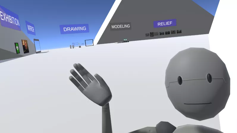 A friendly-looking humanoid robot with a simple face, featuring two black oval eyes and a small smile. The robot has one raised in front of it, palms facing outward, as if waving. The background is a minimalist space with signs written “exhibition”, “mirror”, “drawing”, “modeling”, and “relief”.