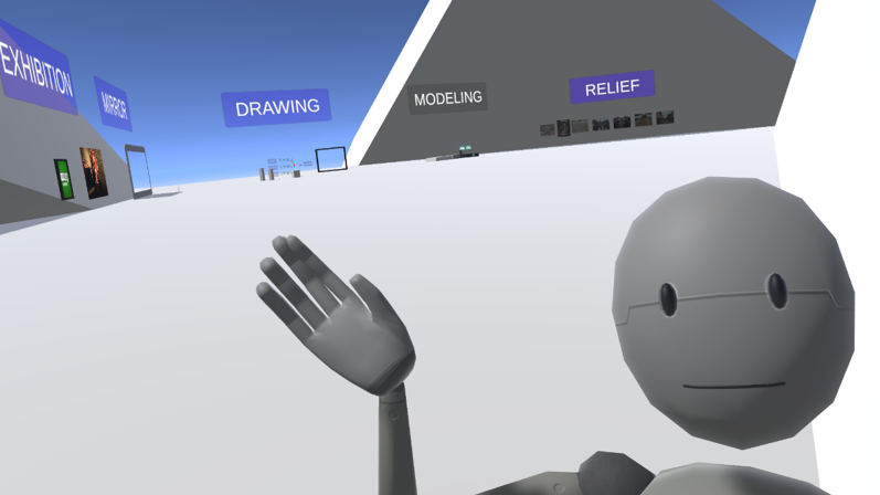 A friendly-looking humanoid robot with a simple face, featuring two black oval eyes and a small smile. The robot has one raised in front of it, palms facing outward, as if waving. The background is a minimalist space with signs written “exhibition”, “mirror”, “drawing”, “modeling”, and “relief”.