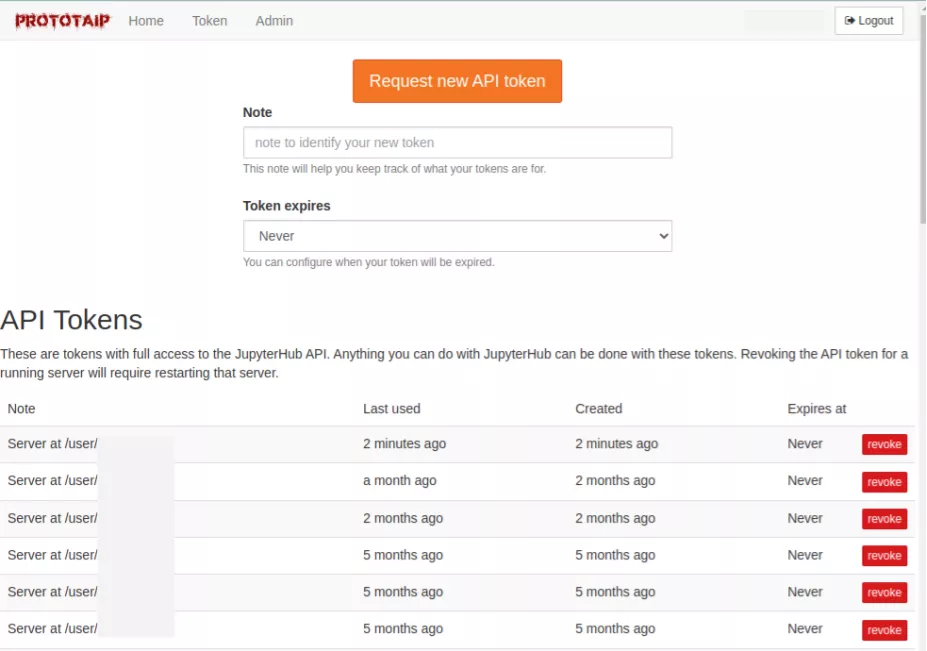 Requesting API tokens for programmatic access to PrototAIp.