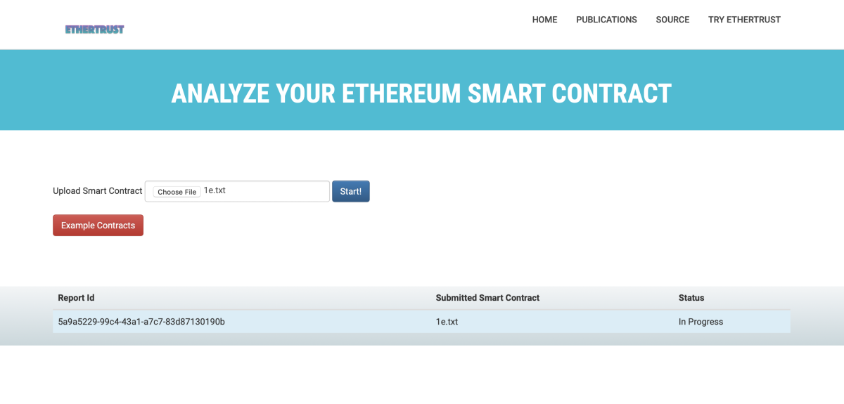 Bild der EtherTrust-Website während ein Vertrag analysiert wird