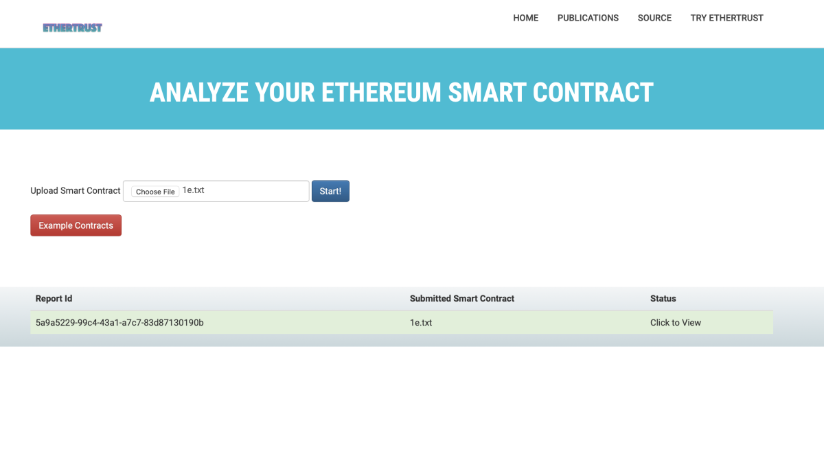 Bild der EtherTrust-Website, wenn die Analyse abgeschlossen ist