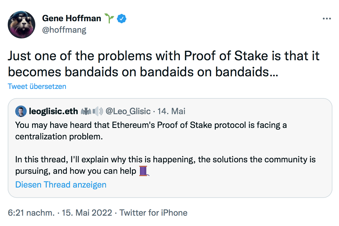 "Just one of the problems with Proof of Stake is that it becomes bandaids on bandaids on bandaids…"