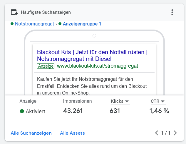 Eine der geschaltenen Suchanzeigen auf Google.