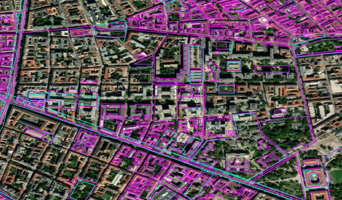 Luftbild Budapest Corvin, 2010 mit OSM Daten von 2006 (türkis) und 2012 (pink)