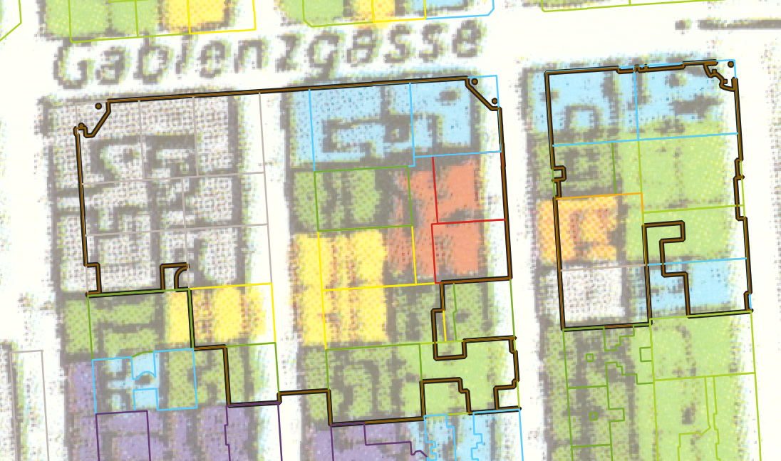 Gebäude-Footprint der Lugnercity versus Grundstückkataster