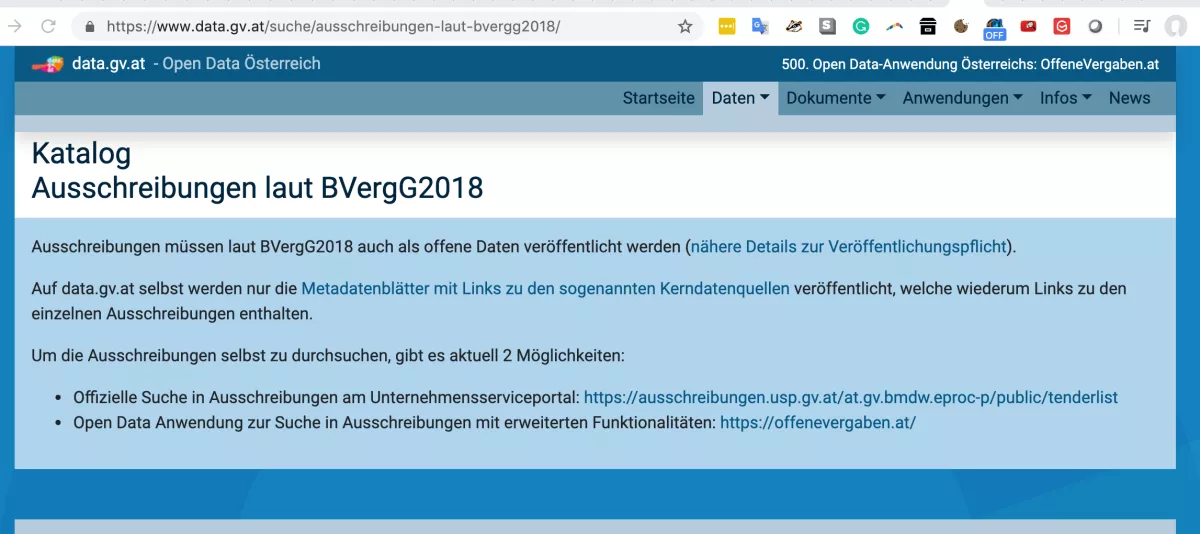 Data.gv.at führt OffeneVergaben.at als Such-Option für Vergabedaten an