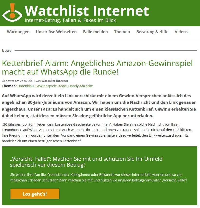 Screenshot des Artikels zum Amazon-Gewinnspiel mit einem Hinweis zu "Vorsicht, Falle!"