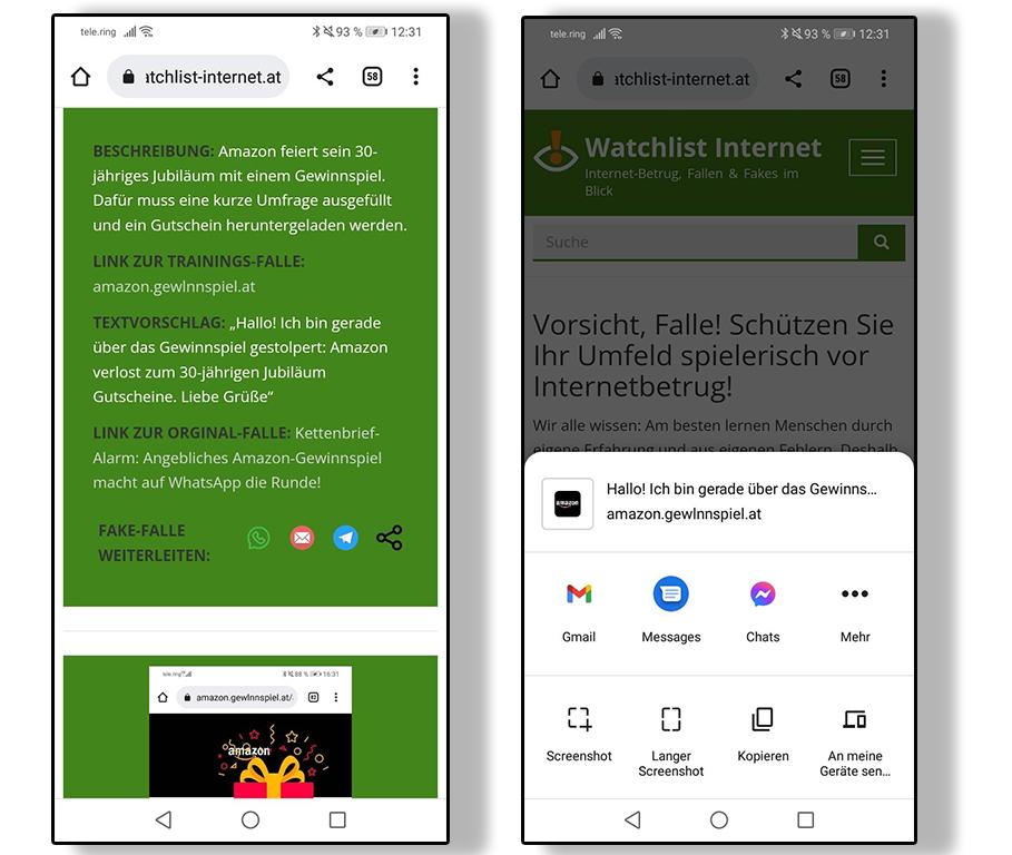 Screenshot der Weiterleitungsmöglichkeiten am Handy