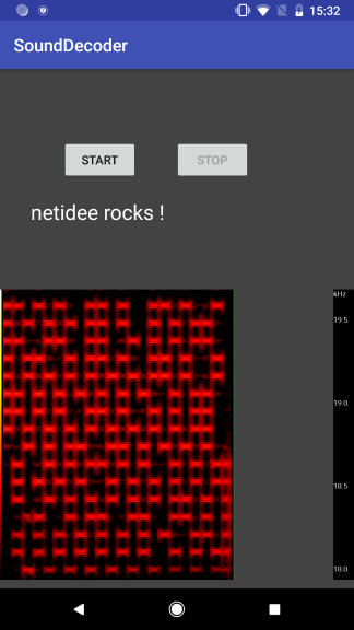 SoniTalk decoder prototype showing a spectrogram of the successfully received message "netidee rocks !"
