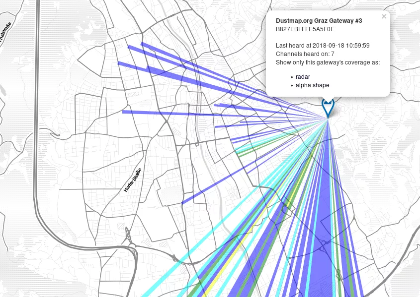 Auf einer Karte wird die LoraWAN-Netzabdeckung visualisiert.