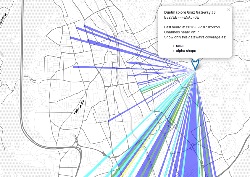 Auf einer Karte wird die LoraWAN-Netzabdeckung visualisiert.