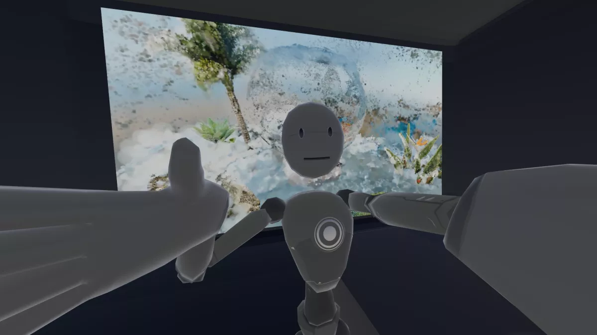 A friendly-looking humanoid robot with a simple face, featuring two black oval eyes and a small smile. The robot has its hands raised in front of it, as if taking a selfie. Behind the avatar is a large, vibrant display of an abstract image that features a translucent globe filled with floating natural elements like plants and a human face partially covered in greenery.